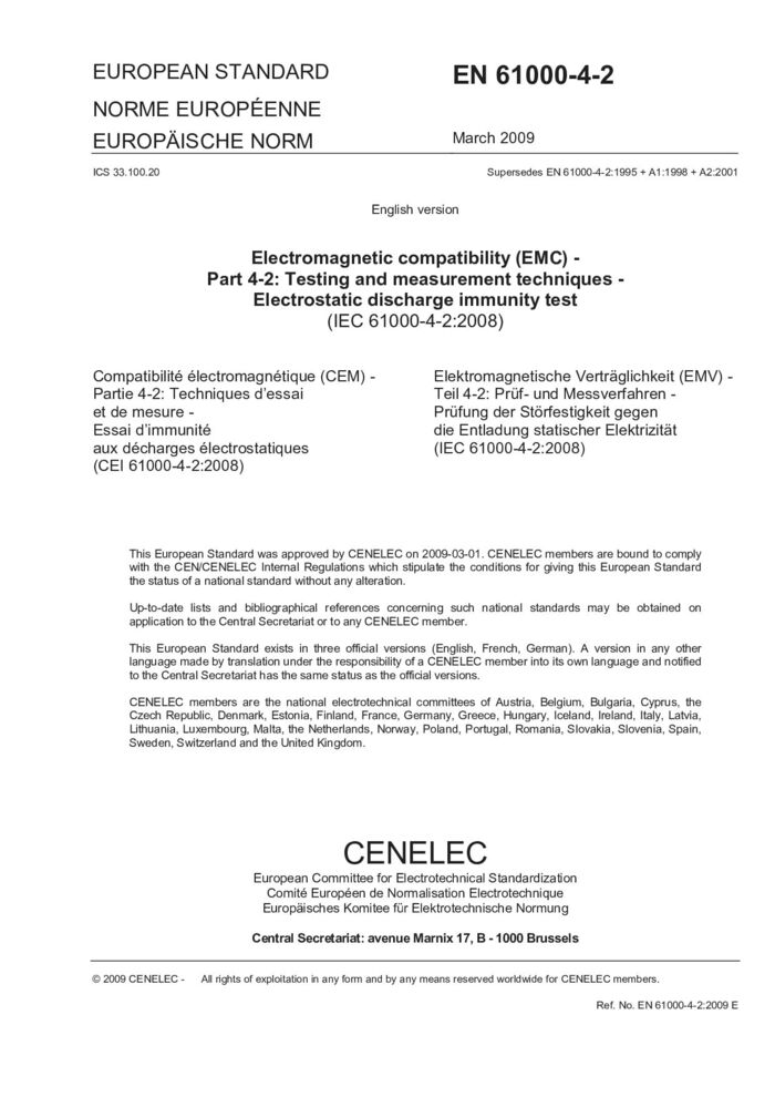 EN IEC  61000-4-2:2009电磁兼容 试验和测量技术 静电放电抗扰度试验