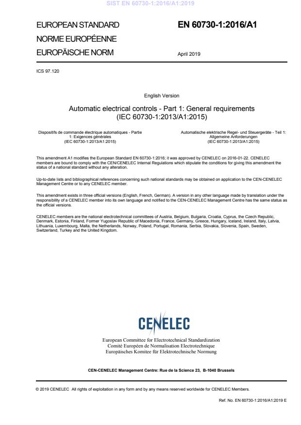 EN 60730-1:2016+A1:2019家用和类似用途电自动控制器 第1部分：通用要求