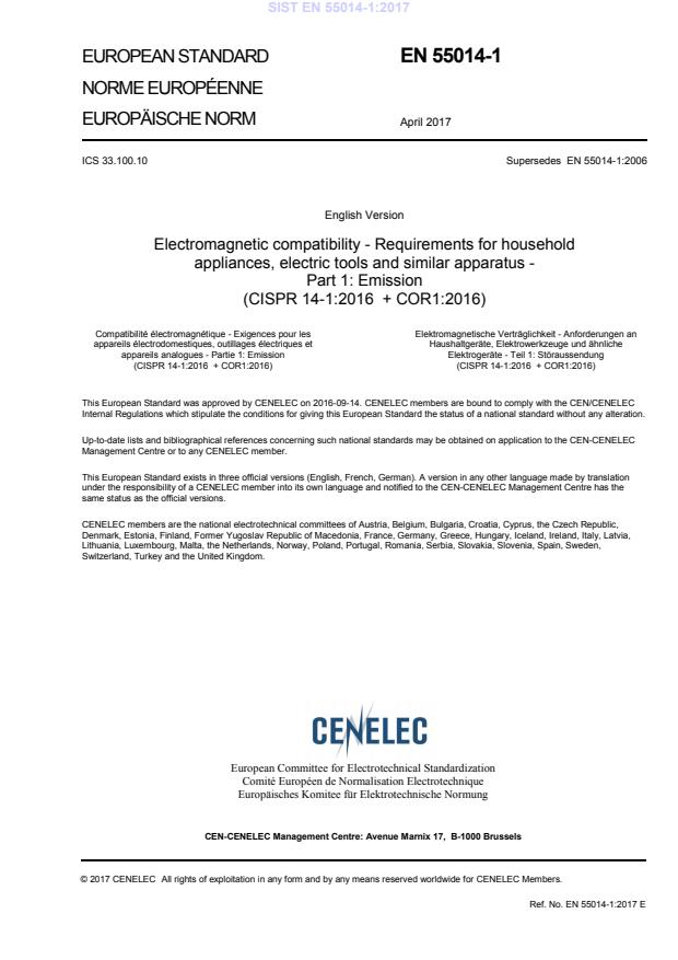 EN 55014-1:2017家用电器、电动工具和类似器具的电磁兼容要求 第1部分:发射
