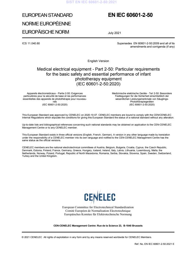 EN IEC 60601-2-50:2021医用电气设备 第2-50部分：婴儿光治疗设备的基本安全和基本性能专用要求